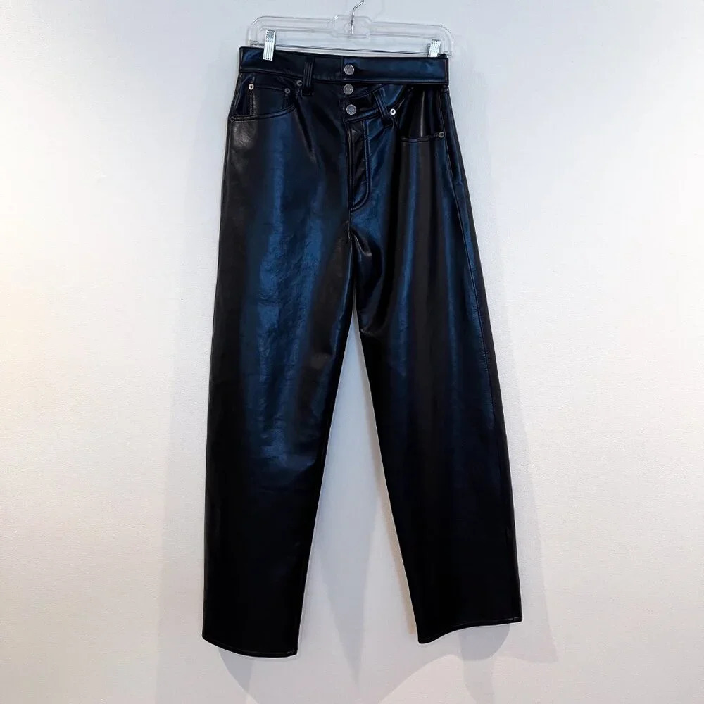 Agolde Black Leather Broken Waist Straight Leg High Waist Wrapped Pants 27
